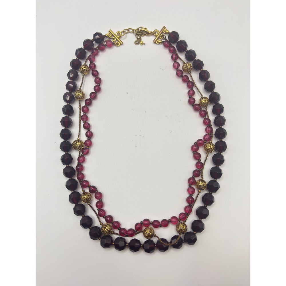 Sonoma Life Style Triple Strand Beaded Necklace Burgundy Plum Gold Tone 17 Inch